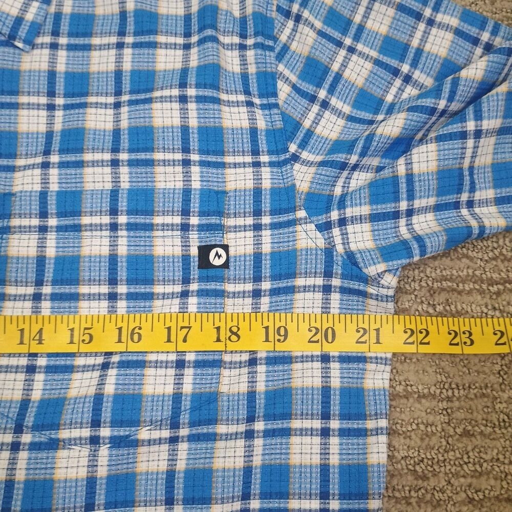 Marmot Mens Medium Short Sleeve ButtonDown Shirt Blue White Plaid Hiking Outdoor - Picture 7 of 10